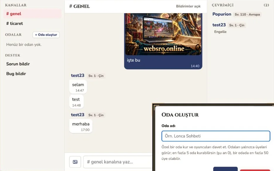 WebSro panelinde kanallar ve oyuncu sohbeti