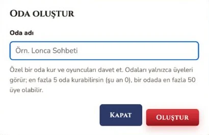 Özel oda oluşturma penceresi